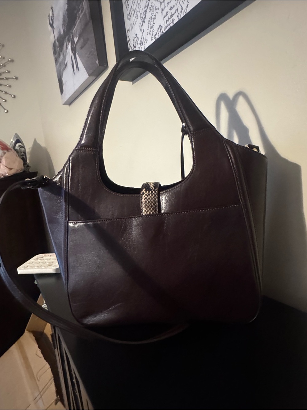 Brahmin Carla Dark Brown Leather Shoulder Bag with Snake-Print Accent - Picture 4 of 8
